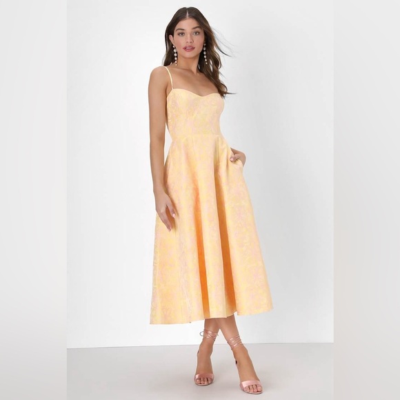 NWT Lulus Meet for Tea Yellow Jacquard Bustier Midi Dress with Pockets, Large - Picture 1 of 16